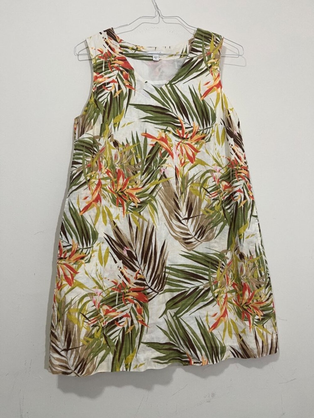 J. Jill Love Linen Tropical Floral Sleeveless Shift Dress Sz Mp Pockets Coastal